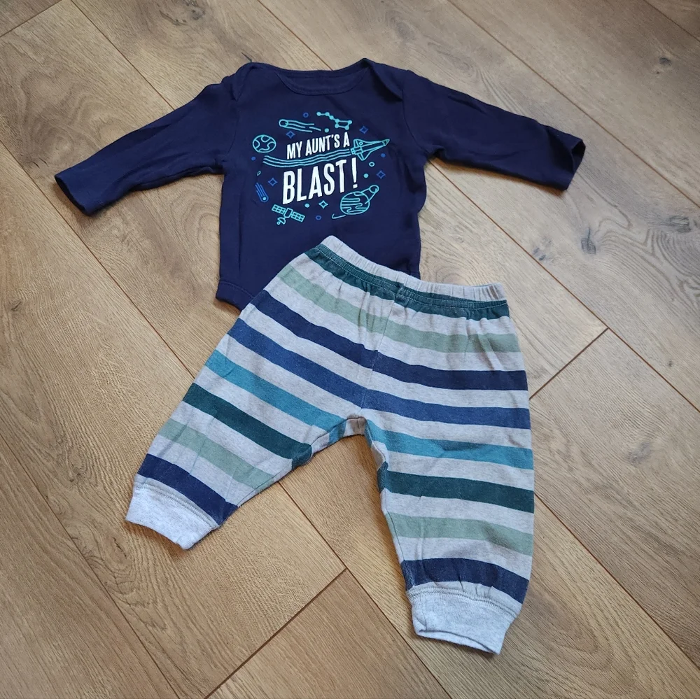 Navy Graphic Onesie and Striped Pants Set